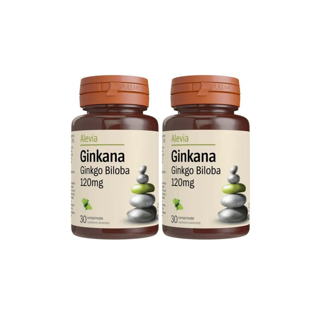 Pachet: Ginkana Ginkgo Biloba 120mg, 30 + 30 comprimate, Alevia