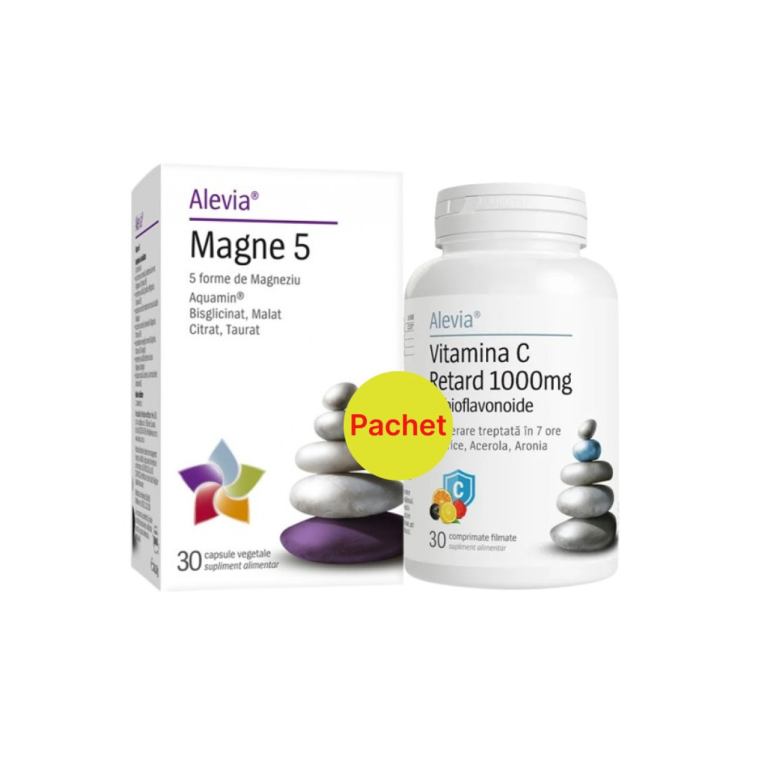 Pachet: Magne 5, 30 capsule vegetale + Vitamina C Retard cu Bioflavonoide, 30 comprimate, Alevia