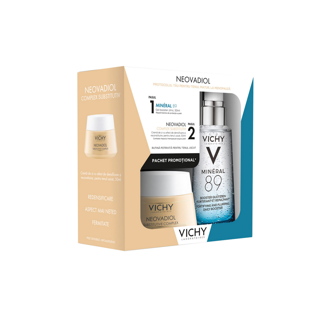 Pachet: Neovadiol Complex Substitutiv Crema ten uscat, 50ml + Gel-booster zilnic Mineral 89 cu efect de hidratare, fortifiere si reumplere, cu acid hialuronic, 50 ml, Vichy