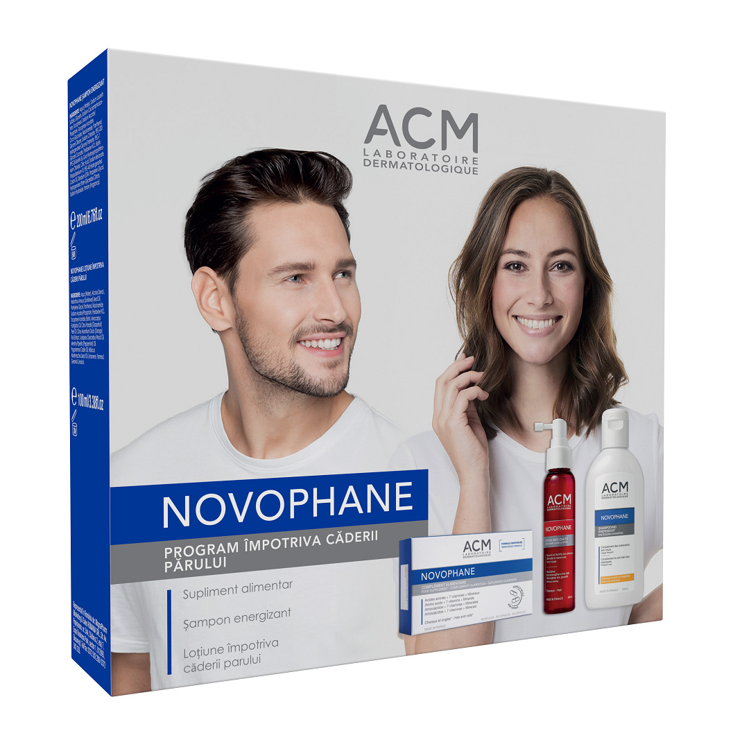 Pachet Novophane Sampon energizant, 200 ml + Lotiune impotriva caderii parului, 100 ml + Capsule pentru par si unghii, 60 capsule, Acm