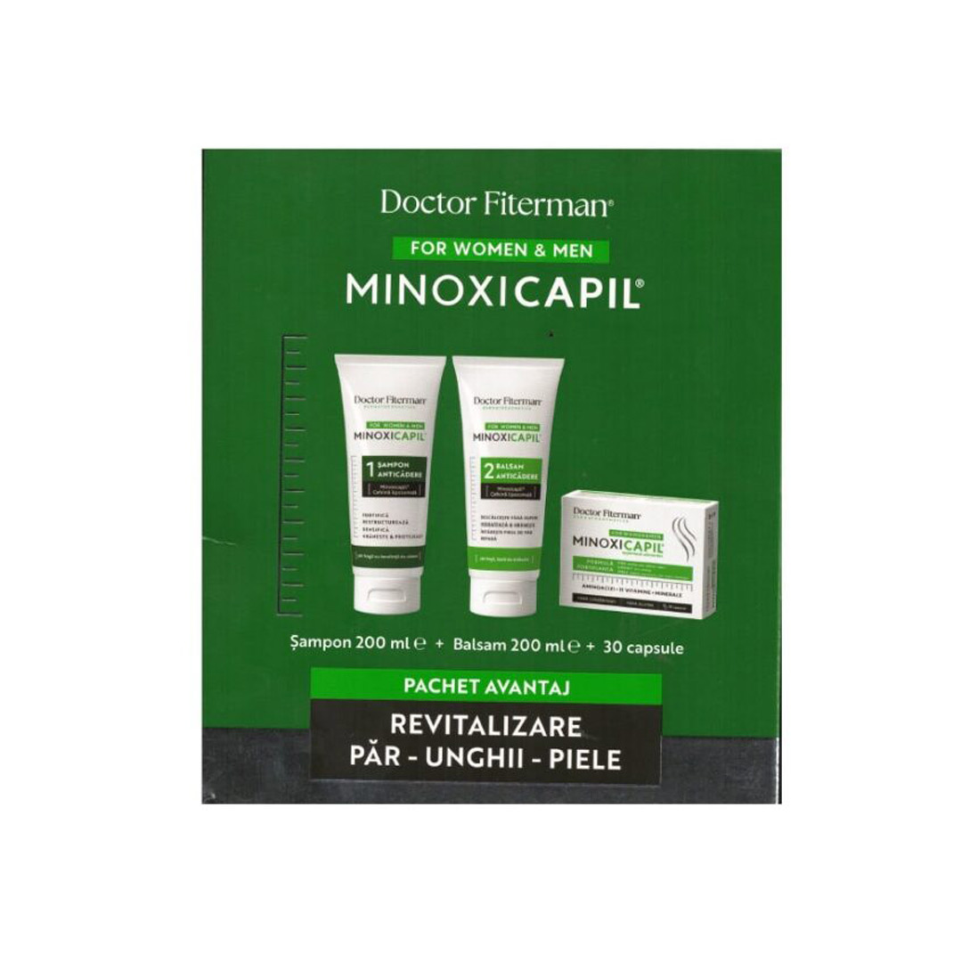 Pachet: Revitalizare par, unghii, piele, sampon + balsam + capsule Minoxicapil, Fiterman Pharma