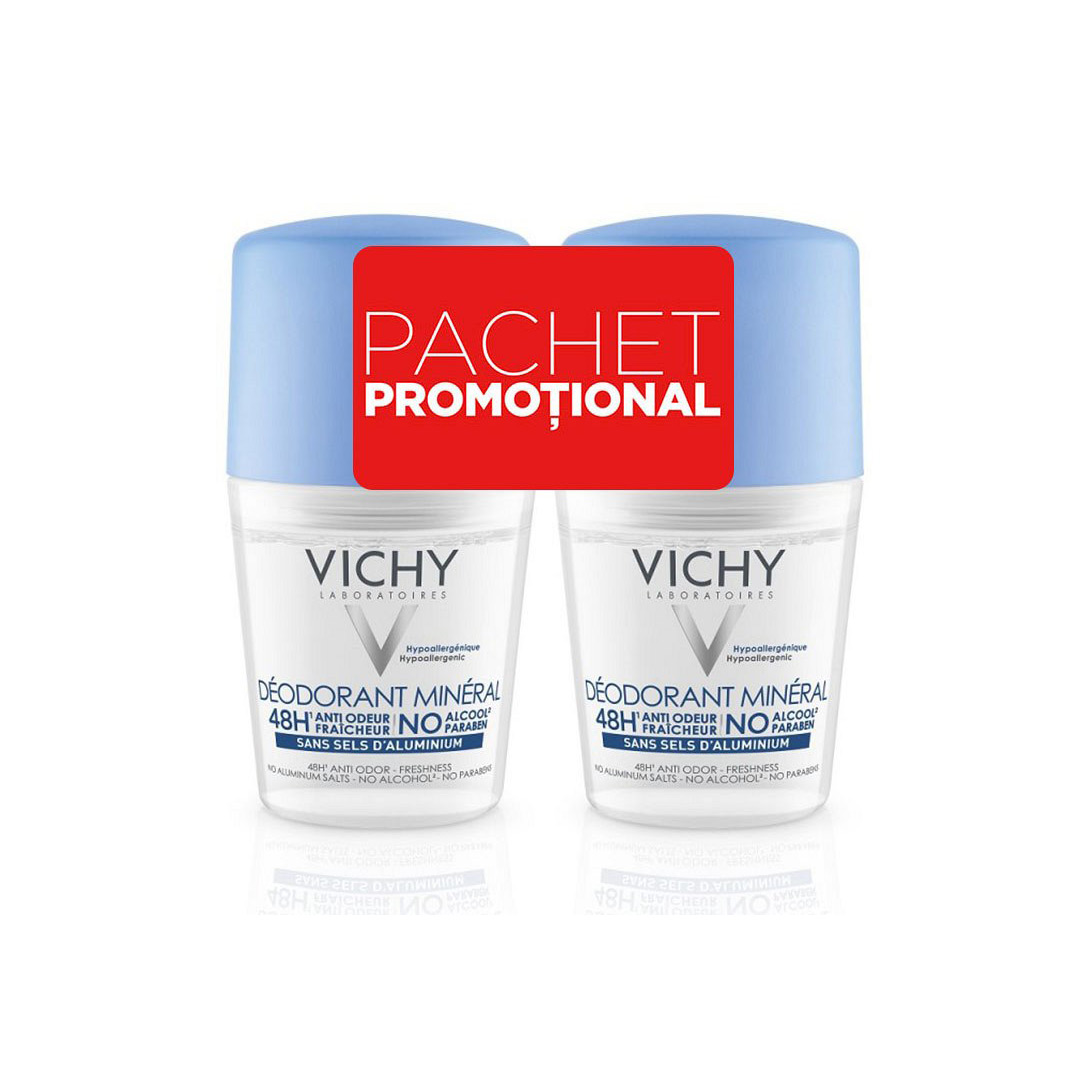 Pachet: Roll-on Deo Mineral, eficacitate 48h, 2 x 50ml, Vichy