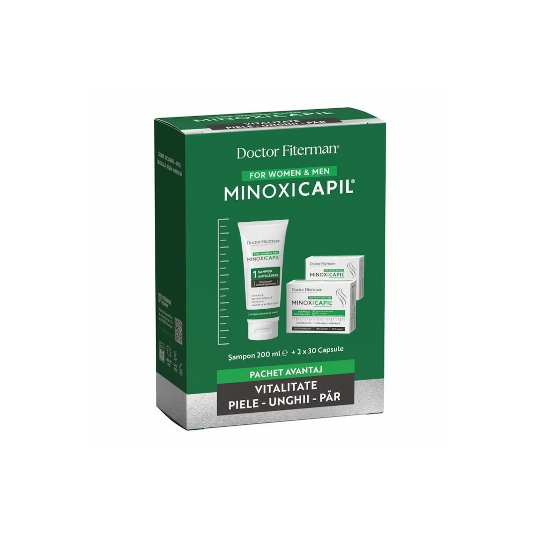 Pachet: Sampon impotriva caderii parului Minoxicapil, 200 ml + Minoxicapil, 30 capsule, 2 cutii, Fiterman