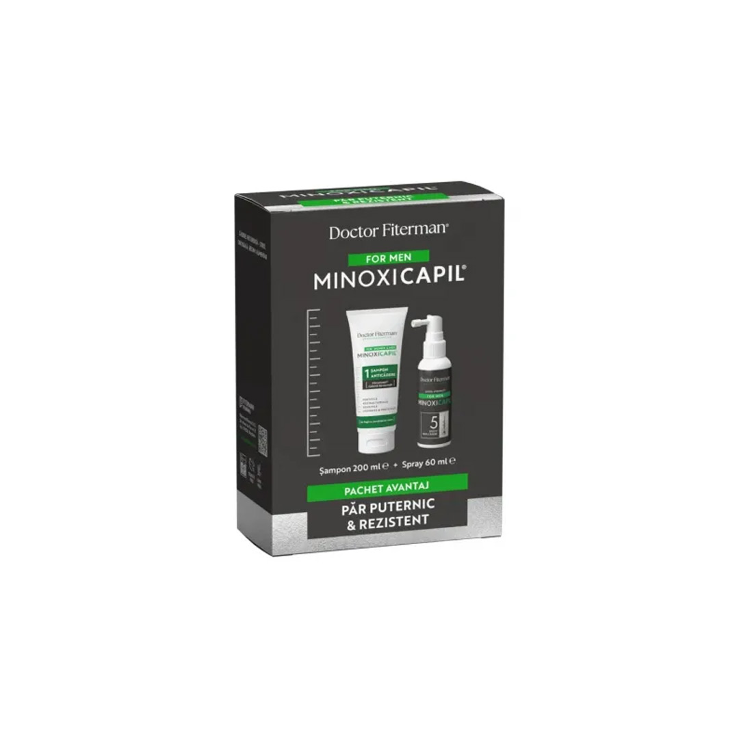 Pachet: Spray impotriva caderii parului pentru barbati Minoxicapil, 60 ml + Sampon impotriva caderii parului Minoxicapil, 200 ml, Fiterman