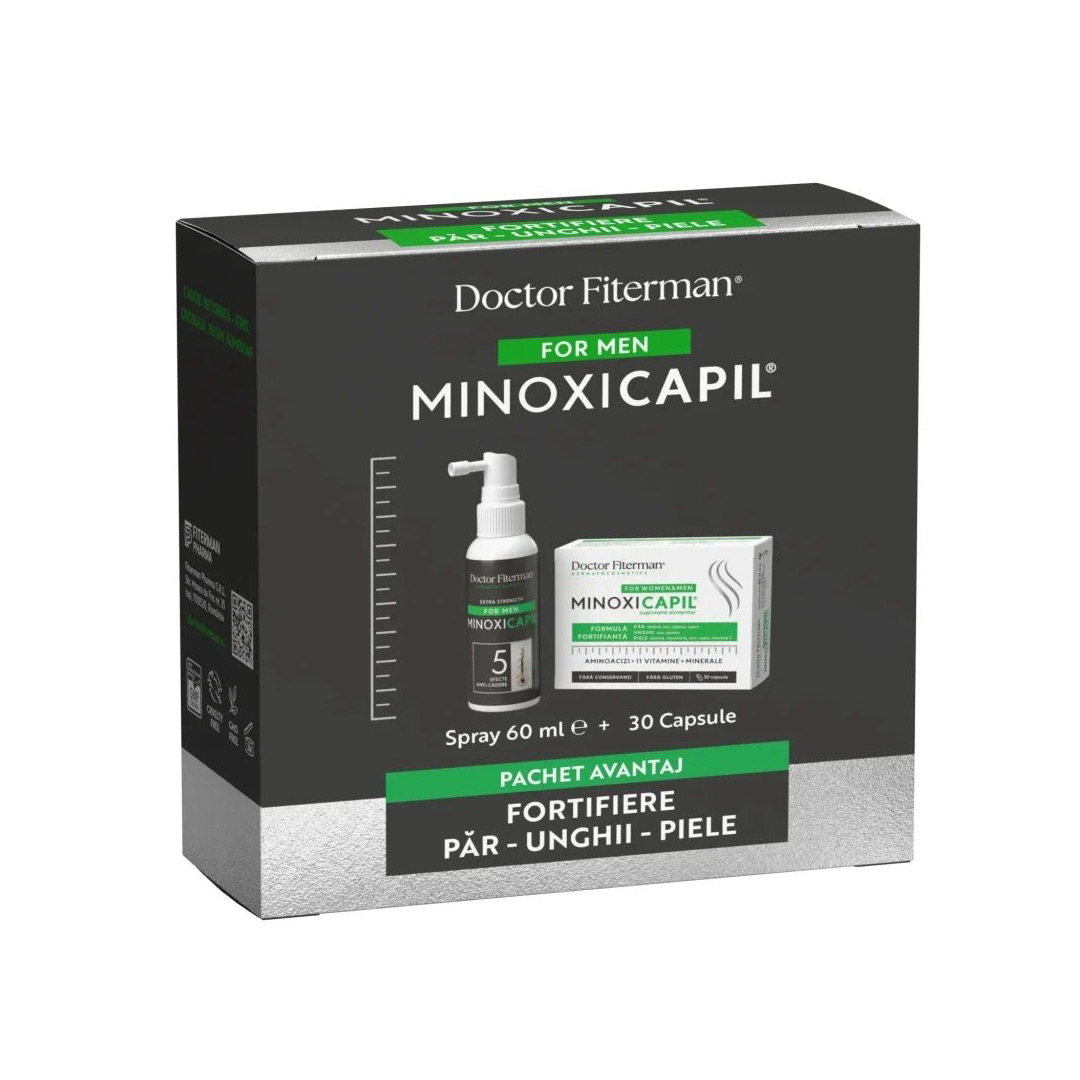 Pachet: Spray impotriva caderii parului pentru barbati Minoxicapil, 60ml + Minoxicapil, 30 capsule, Fiterman
