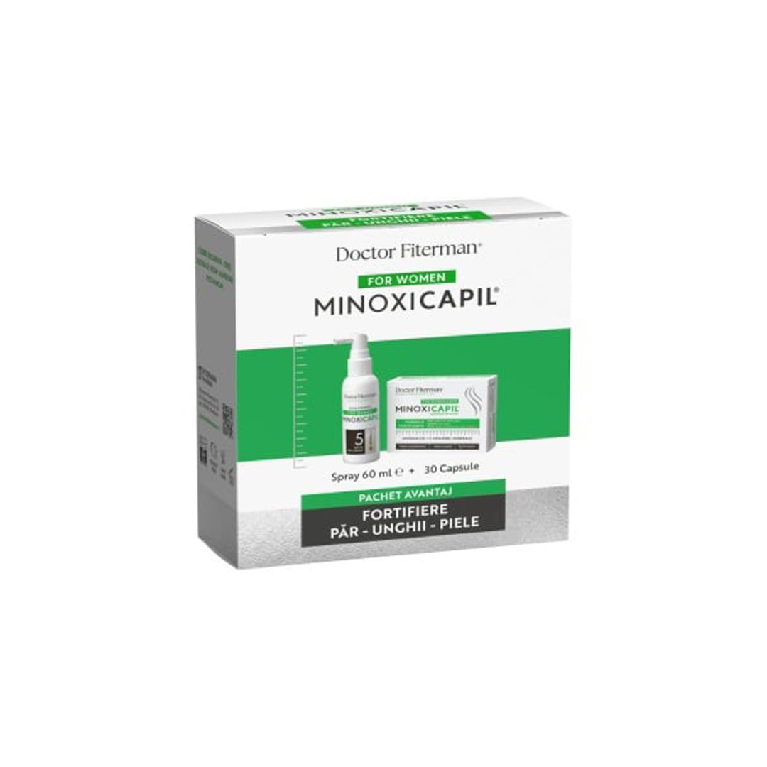 Pachet: Spray impotriva caderii parului pentru femei Minoxicapil, 60ml + Minoxicapil, 30 capsule, Fiterman