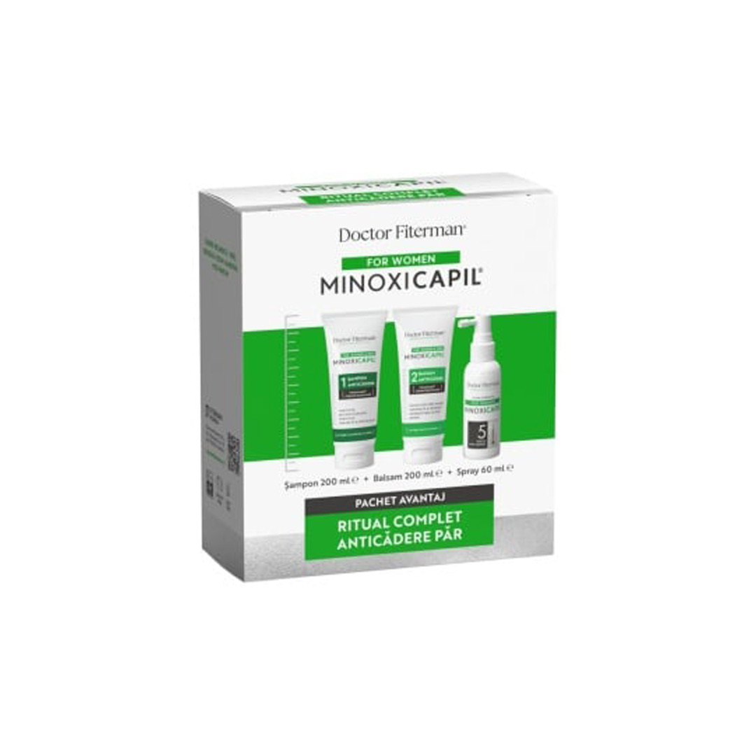 Pachet: Spray impotriva caderii parului pentru femei Minoxicapil, 60ml + Sampon impotriva caderii parului Minoxicapil, 200ml + Balsam de par Minoxicapil, 200 ml, Fiterman