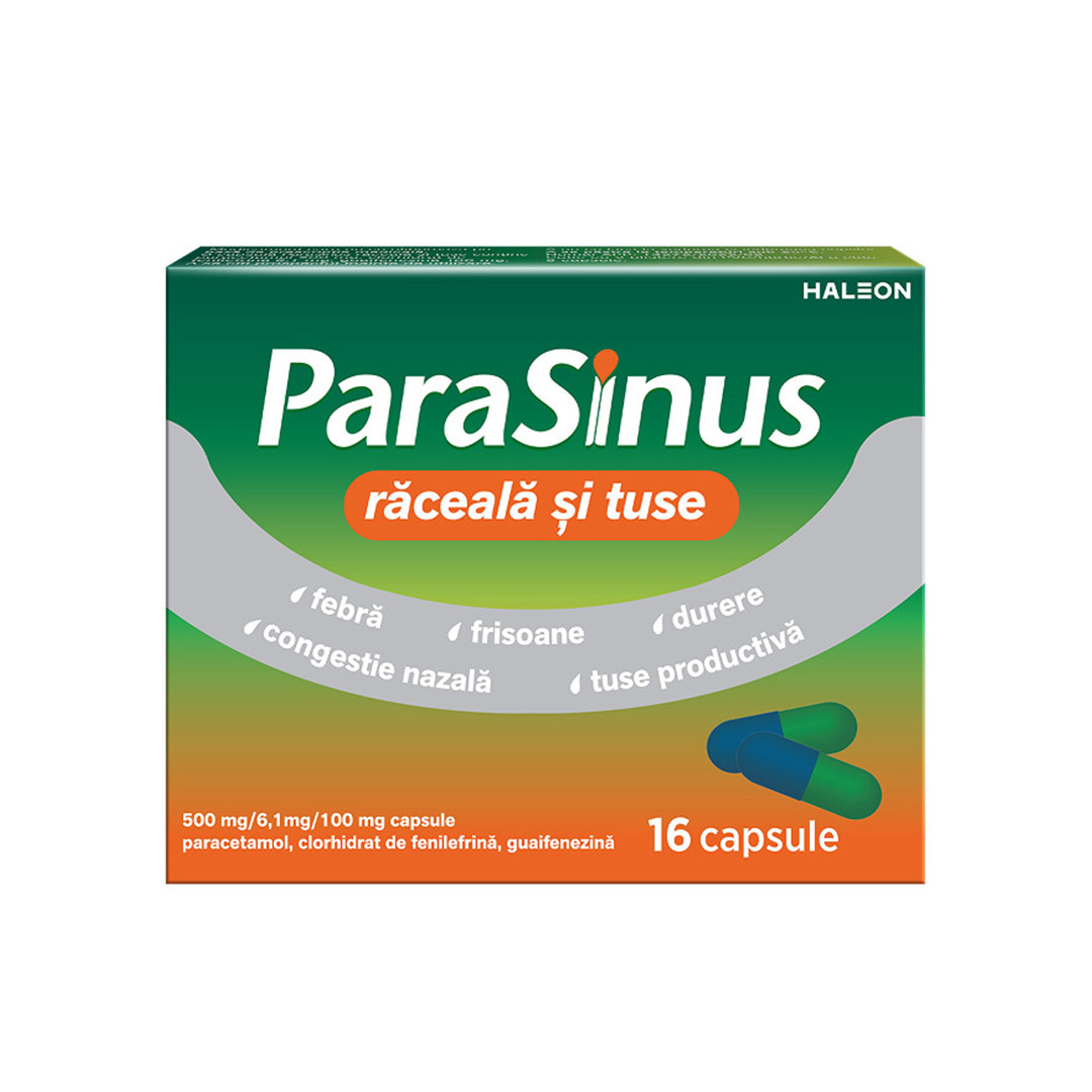 Parasinus raceala si tuse 500mg/6,1mg/100mg, 16 capsule, Haleon