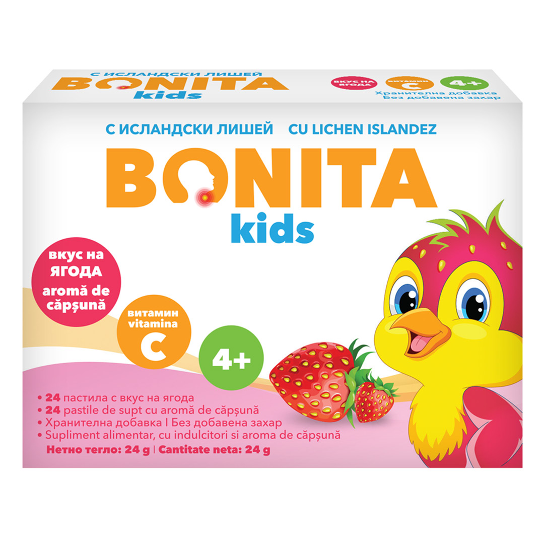 Pastile de supt cu aroma de capsuna pentru copii, 24 bucati, Bonita