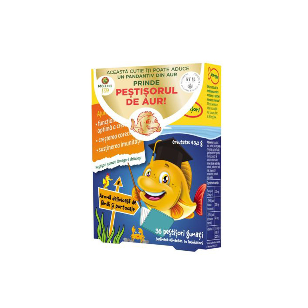 Pestisori gumati cu Omega-3 si aroma de lamai si portocale, 36 jeleuri, Moller's
