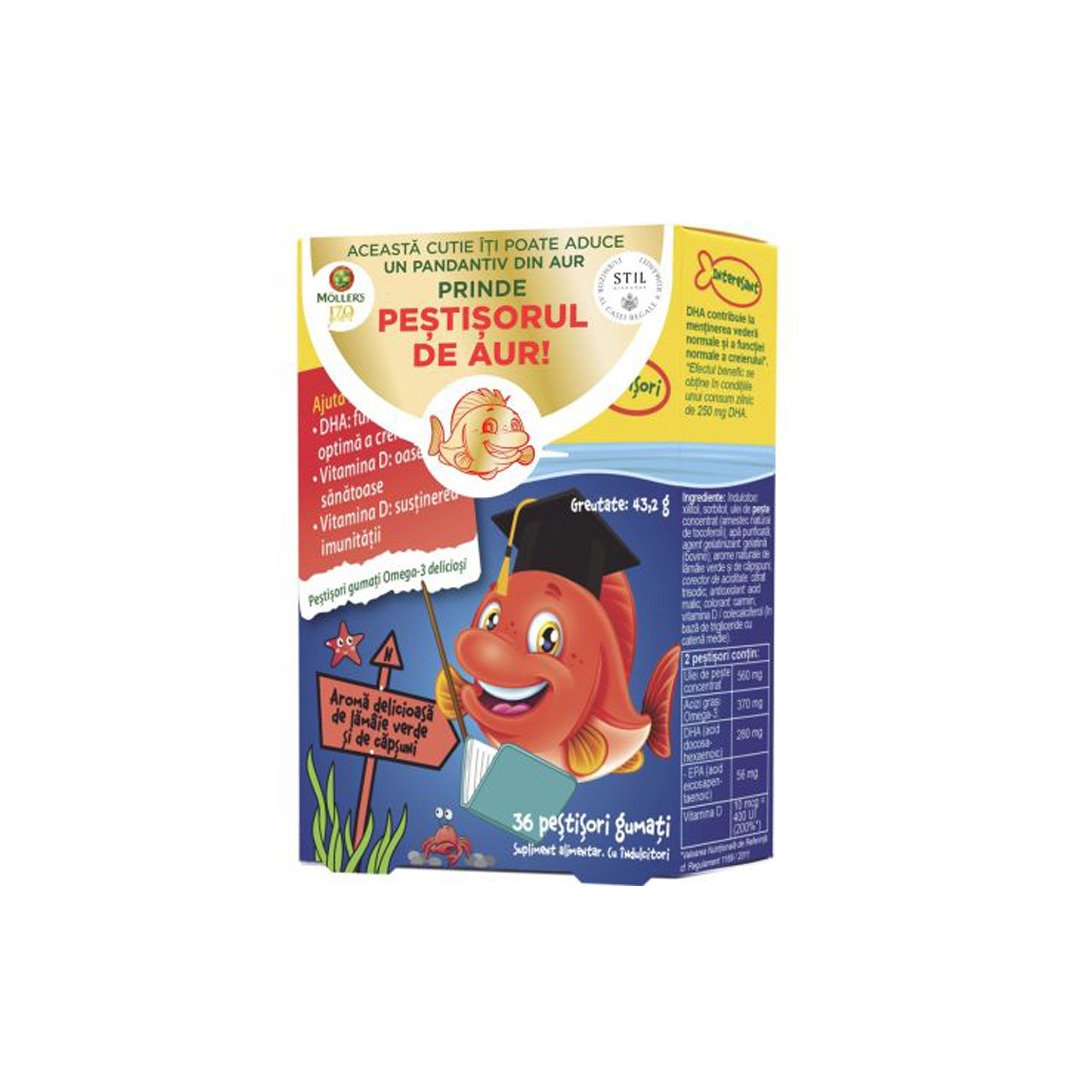 Pestisori gumati cu Omega-3 aroma de lamaie verde si capsuni, 36 jeleuri, Moller's