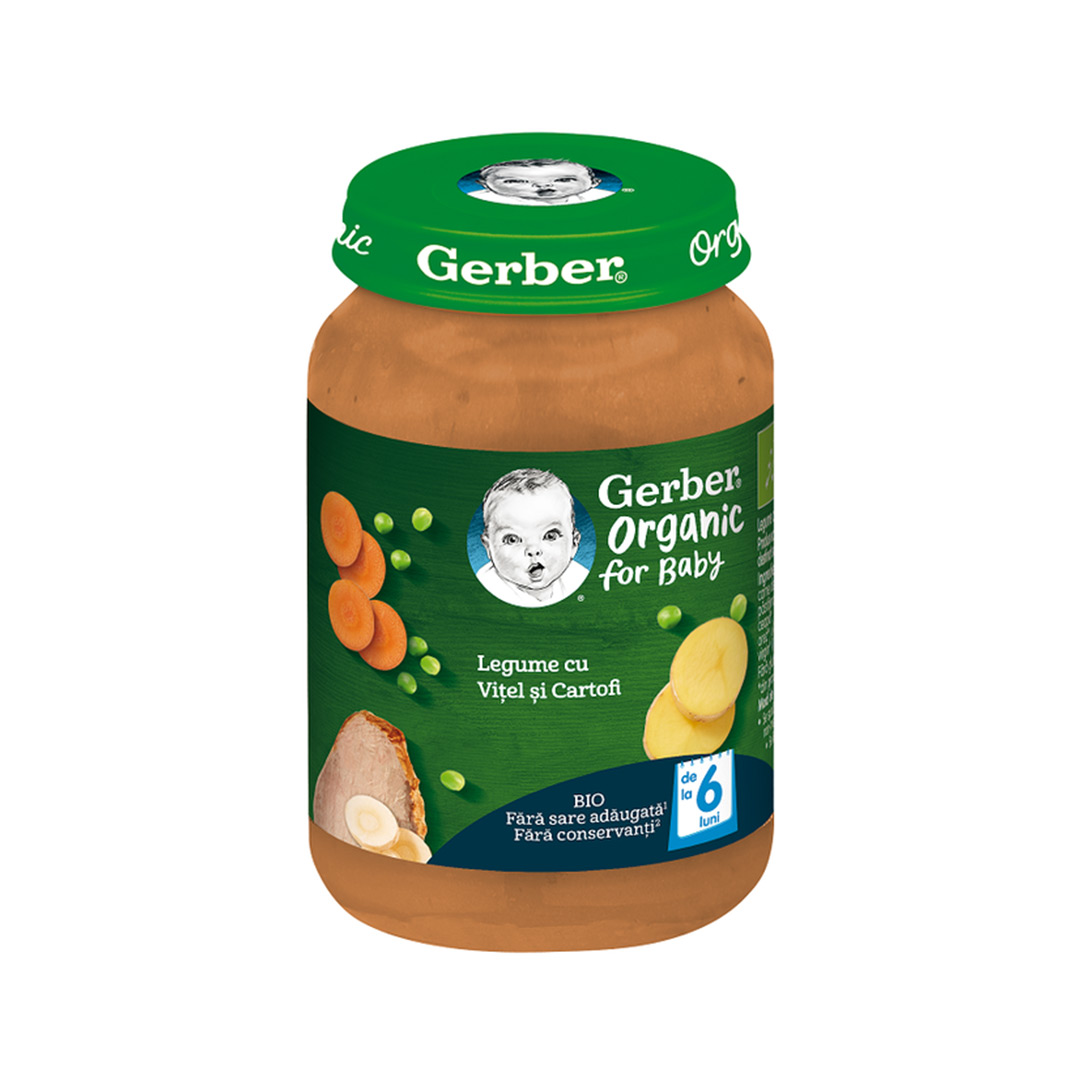 Piure bio din legume cu vitel si cartofi, +6 luni, 190 g, Gerber