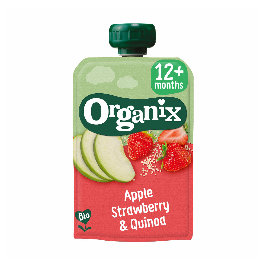 Piure Bio din mere, capsuni si quinoa, +12 luni, 100 g, Organix