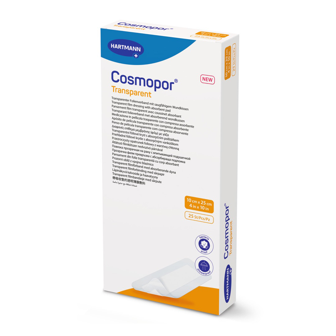 Plasture transparent cu compresa sterila Cosmopor Transparent 901059, 10 cm x 25 cm, 25 bucati, Hartmann