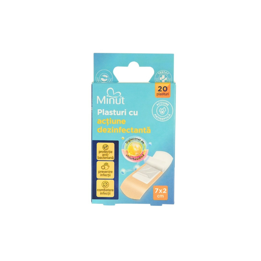 Plasturi cu actiune dezinfectanta, 7 x 2 cm, 20 bucati/cutie, Minut