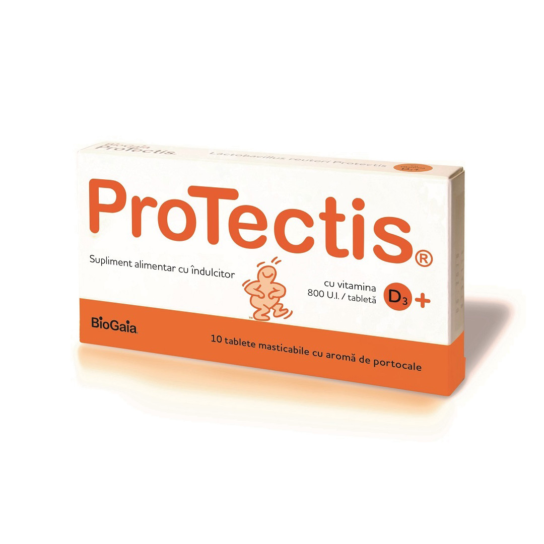 Protectis cu Vitamina D3 800UI aroma de portocale, 10 tablete, BioGaia