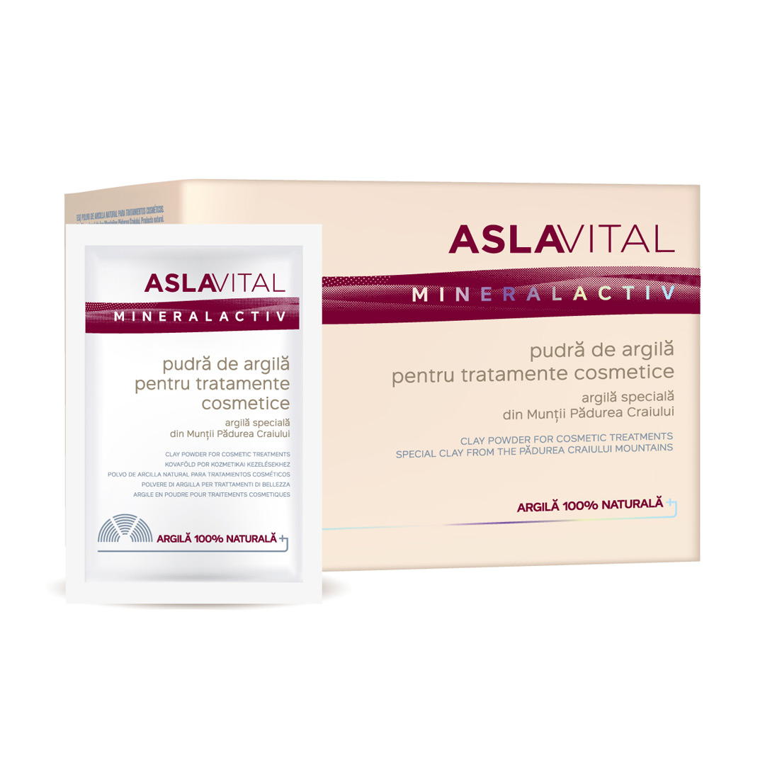 Pudra de argila pentru tratamente cosmetice Aslavital Mineralactiv, 10 plicuri x 20 g, Farmec