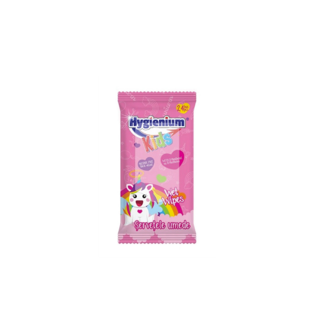 Servetele umede dezinfectante si antibacteriene, Hygienium Kids Unicorn, roz, 24 buc