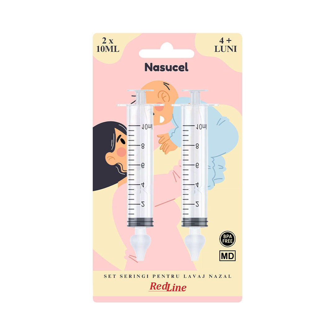 Set seringi pentru lavaj nazal RedLine Nasucel, pentru curatarea si hidratarea cailor nazale, 2 x 10 ml, 4 luni+ 