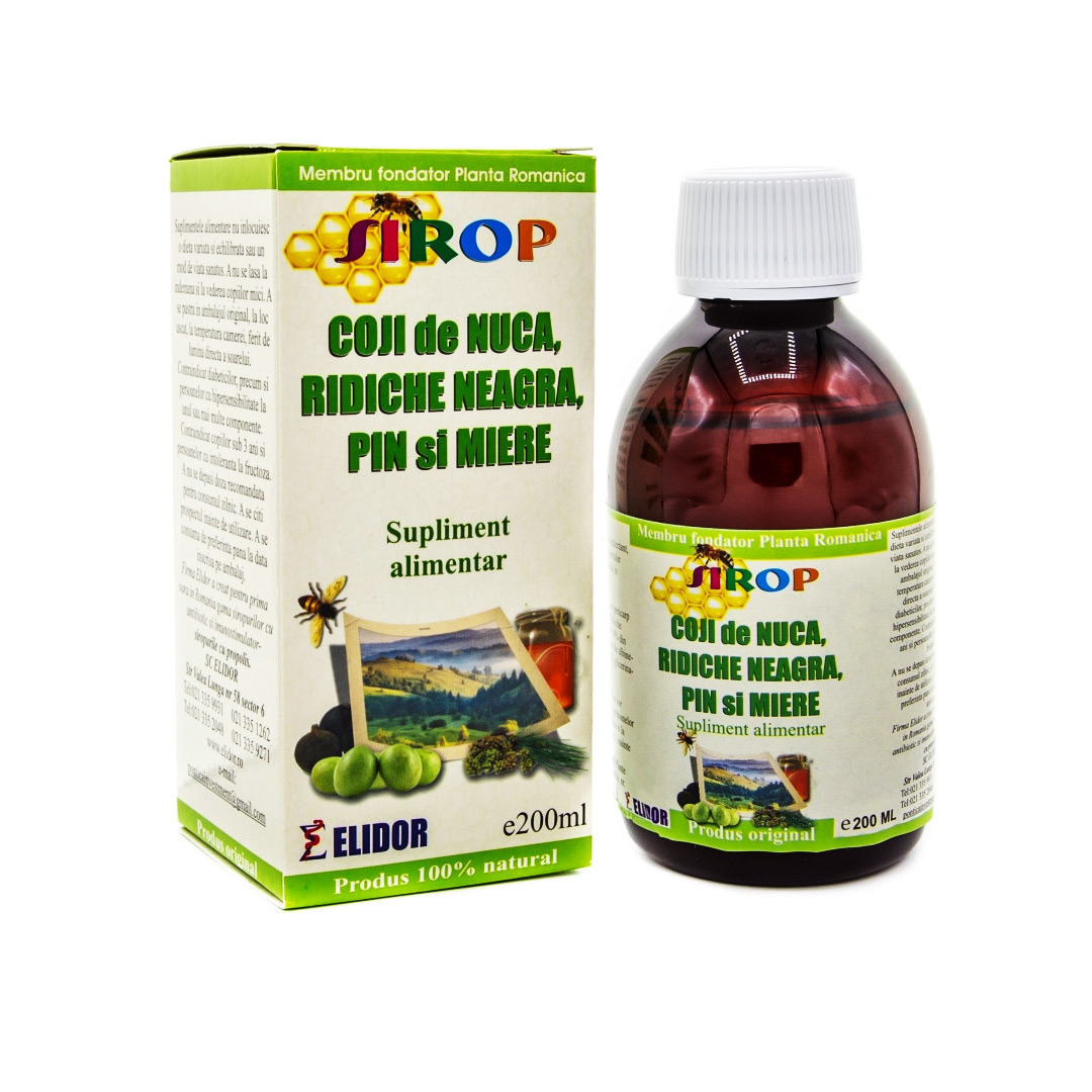 Sirop Coji de nuca, ridiche neagra, pin si miere 200 ml, Elidor