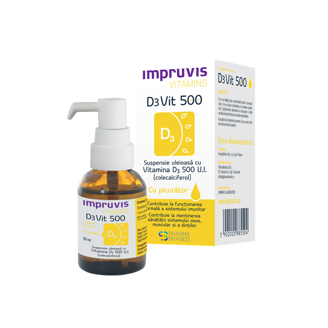 Suspensie uleioasa cu Vitamina D3 500 U.I. picaturi impruvis D3Vit, 20 ml, Pharma Brands