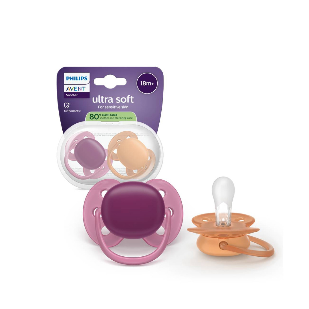 Suzeta Ultra Soft Pacifier Philips Avent, Mov/Portocaliu, 18 luni+, SCF093/03, 2 bucati, Philips