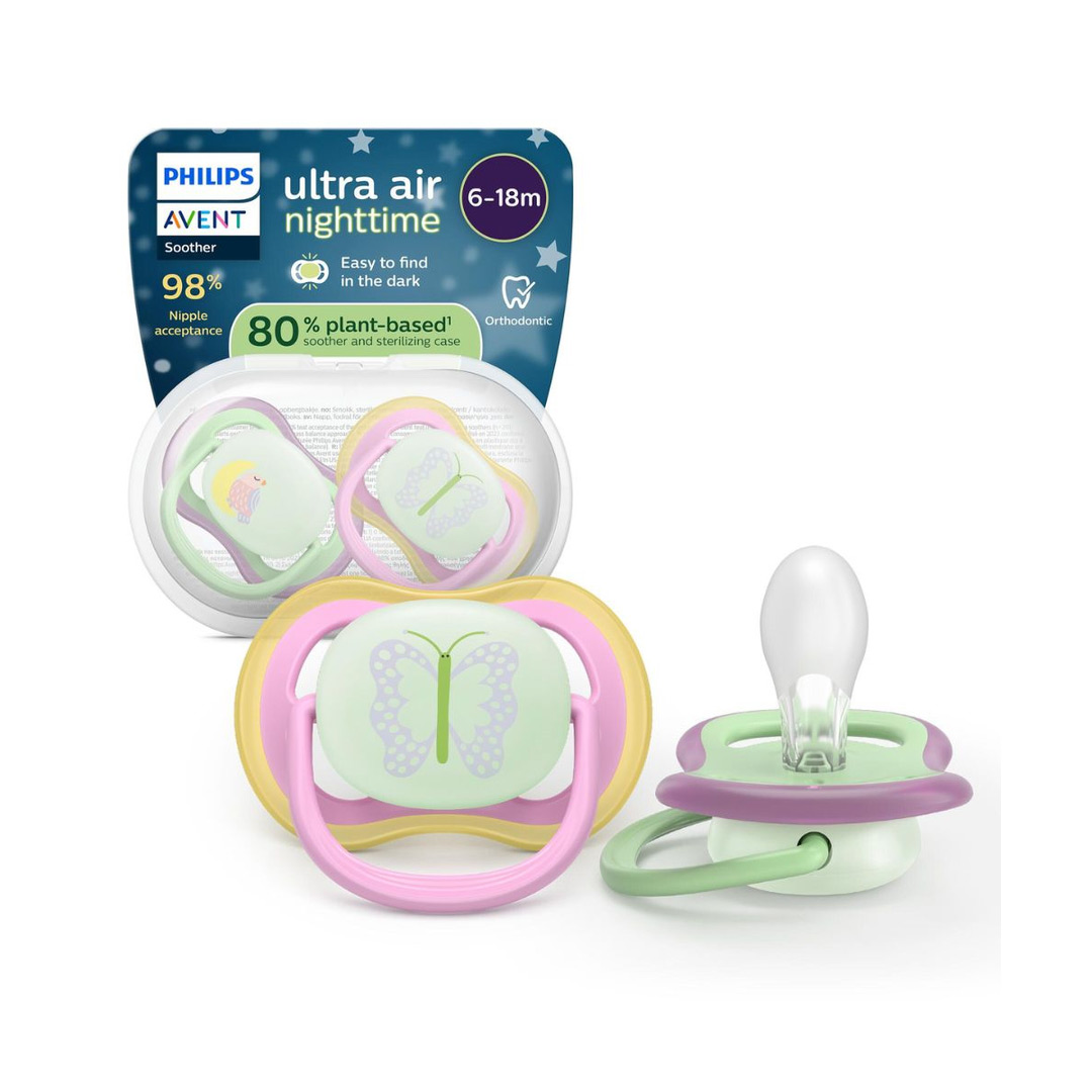 Suzete fosforescente Ultra Air, Pasare / Fluture, 6-18 luni, SCF376/29, 2 bucati, Philips Avent