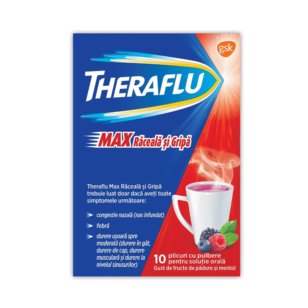 Theraflu Max Raceala si Gripa, 1000 mg/10 mg/70 mg pulbere pentru solutie orala, 10 plicuri, Gsk