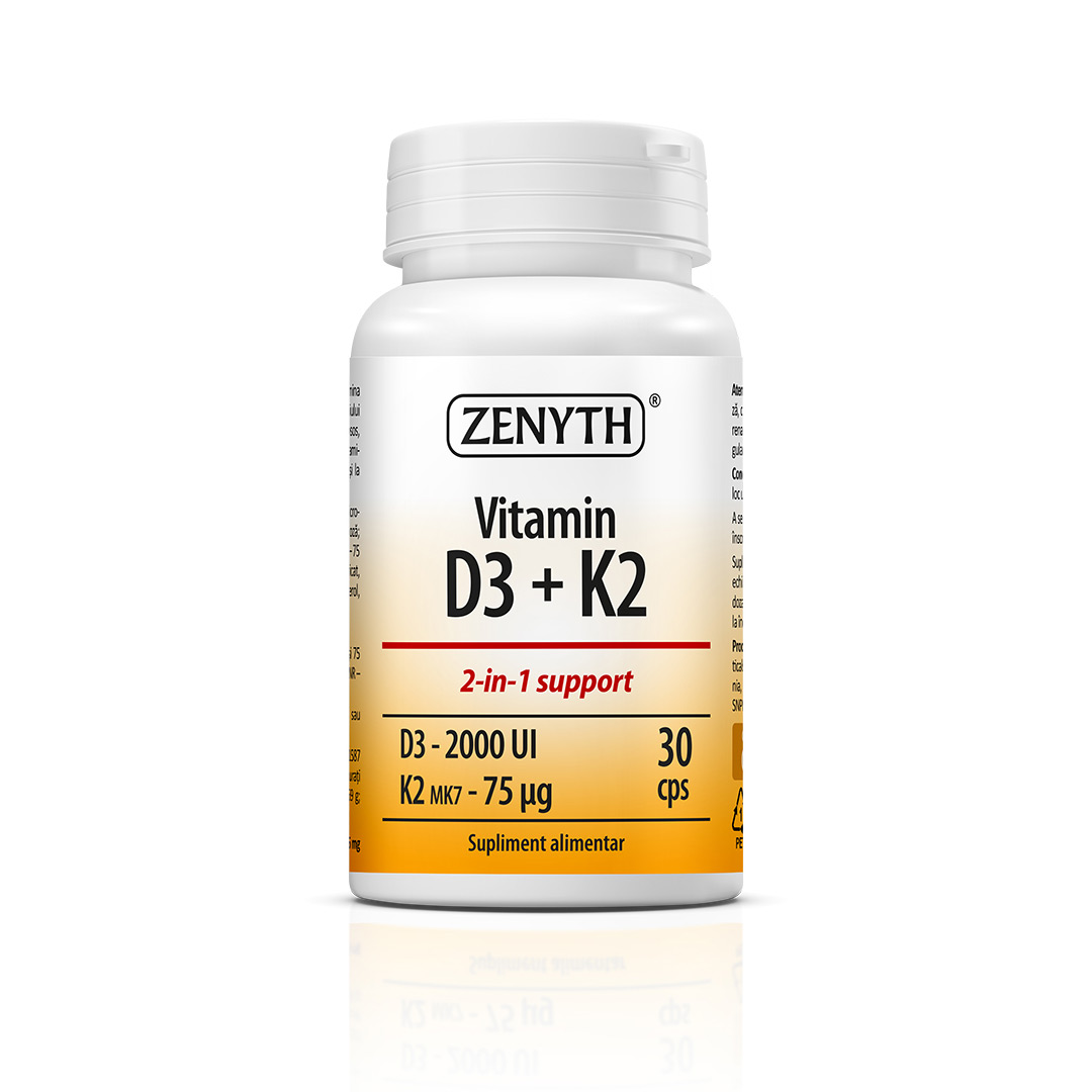 Vitamina D3 + K2, 2000 UI D3 + 75 mcg K2/capsula, 30 capsule, Zenyth