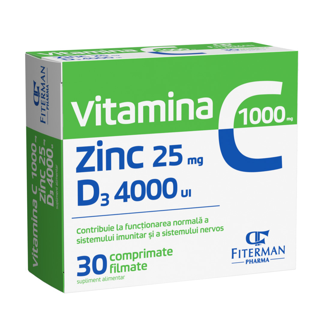 Vitamina C 1000 mg + Zn 25 mg + D3 4000UI, 30 comprimate filmate, Fiterman