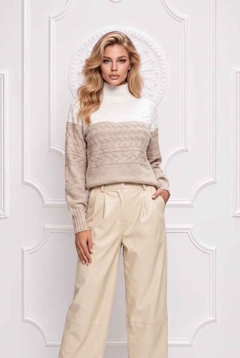 Pulover alb/caffe, impletit pe partea din fata bby 21181