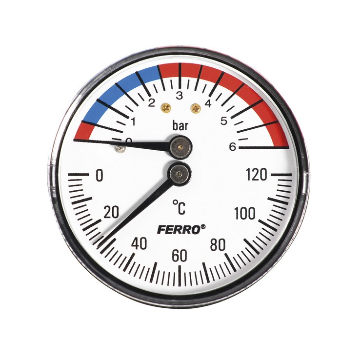 Apometre, manometre si termometre  - Termomanometru, Ferro, D.63 mm 12" axial, 0-6 bari, 120°C, bilden.ro