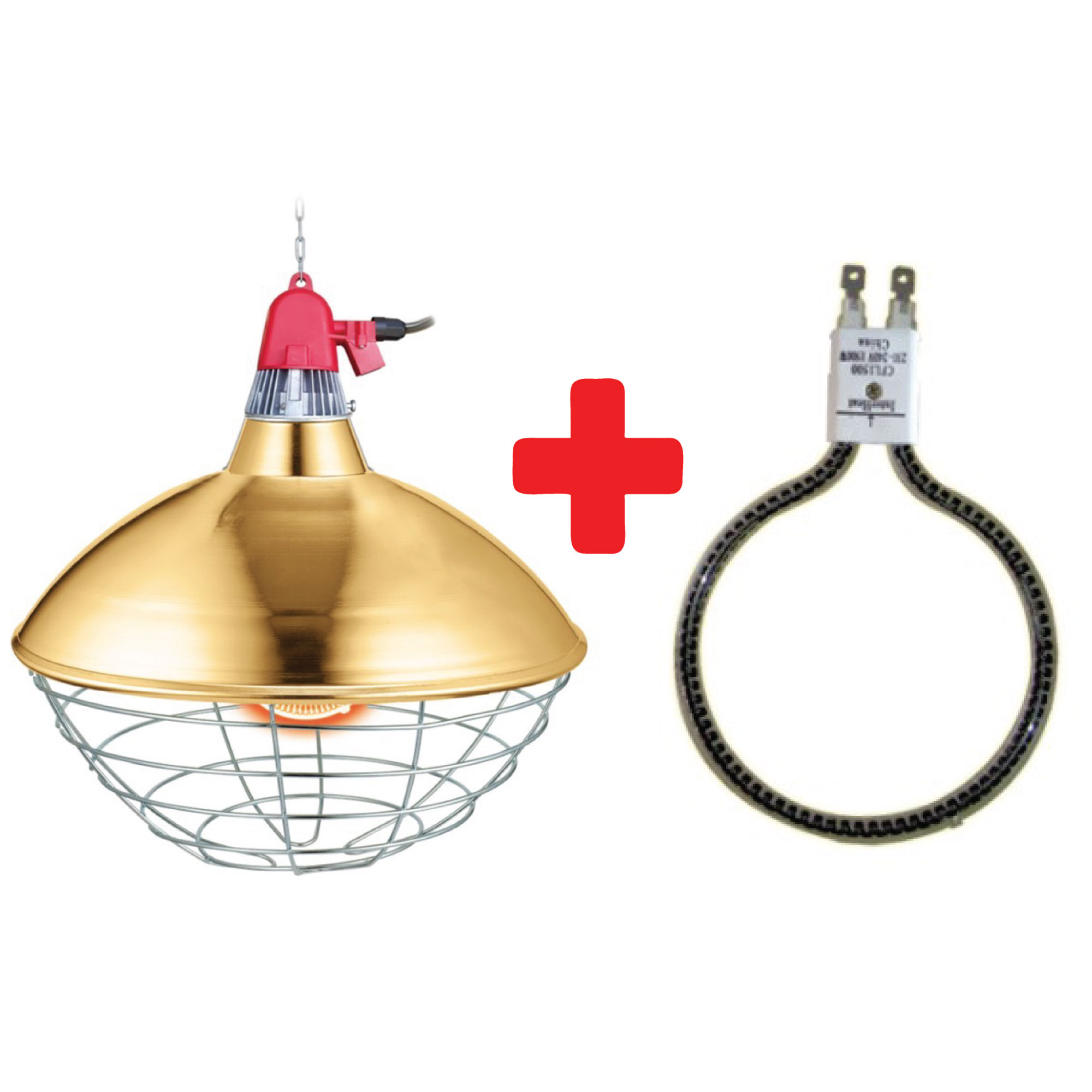 Lampa carbon incalzire ferma de pui CPT 300 de Ø30cm cu grila 15cm si cablu 2.5m, stecher comutaret ON/OFF, lant 2m + Filament CFL 600