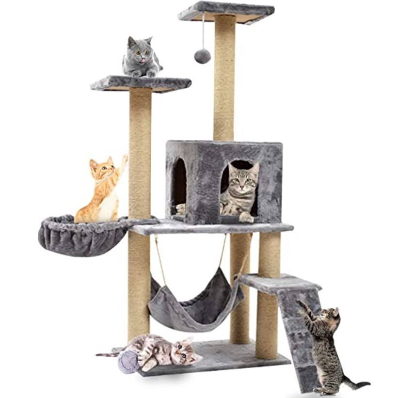 Ansamblu de joaca pentru pisici, cu loc pentru zgariat, ascuns, hamac, minge, 140 cm, gri