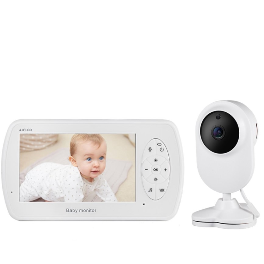 Baby monitor - Baby monitor pentru camera copilului , Wireless , HD 1080P si 4.3 inch, audio, bidirectional, senzori, IR noapte, 6 cantece, alb, buz.ro