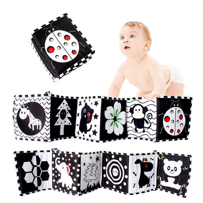 Jucarii pentru bebelusi - Carte fosnitoare cu imagini pentru stimulare vizuala si senzoriala bebelusi, carduri alb/negru/rosu, pentru dentitia bebelusului, 0+ luni, buz, buz.ro