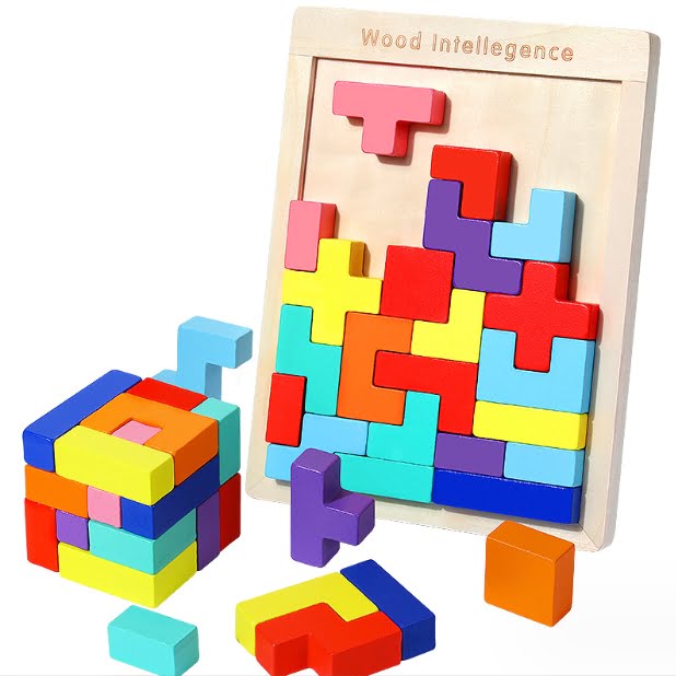 Jucarii 3+ - Joc tetris, wooden puzzle, cu 40 piese din lemn, 3D, educativ, pentru motricitate si dexteritate, 27cm x 18cm  buz, buz.ro