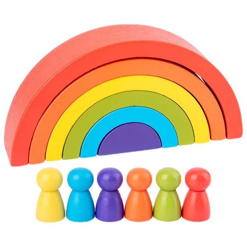 Jucarii 2-3 ani - Joc tip PUZZLE Curcubeul Magic, Montessori, din lemn, 7 piese, 7 pitici, multicolor, BUZ, buz.ro