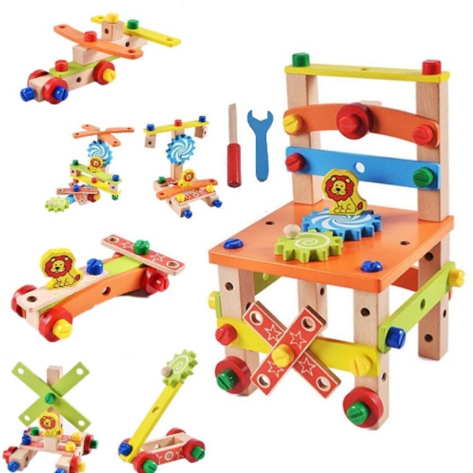 Jucarii 3+ - Jucarie din lemn educativa si interactiva, tip scaunel, multifunctional, Montessori, asociere, invatare prin joaca, buz.ro