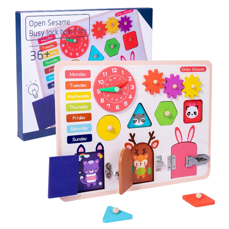 Jucarii interactive - Jucarie interactiva si educativa Montessori, placa senzoriala de activitati 5in1, cu incuietori, ceas, calendar, buz.ro