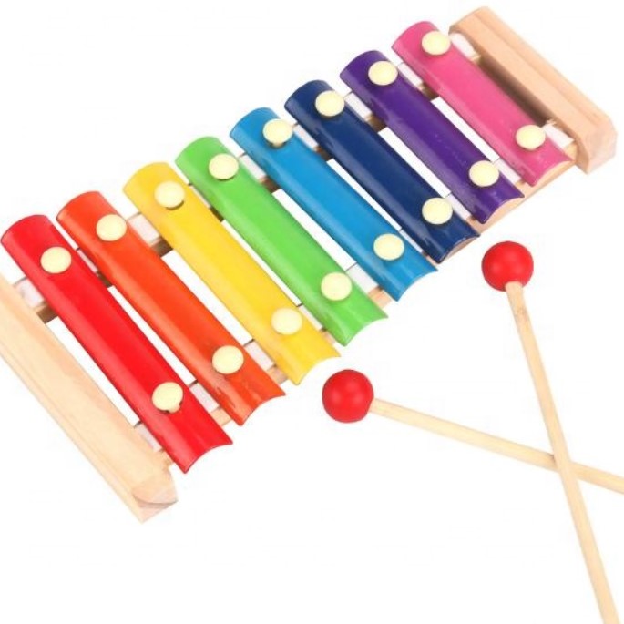 Jucarii muzicale - Jucarie interactiva si educativa xilofon pentru copii, cu 2 ciocanele, 8 note muzicale, din lemn, buz.ro
