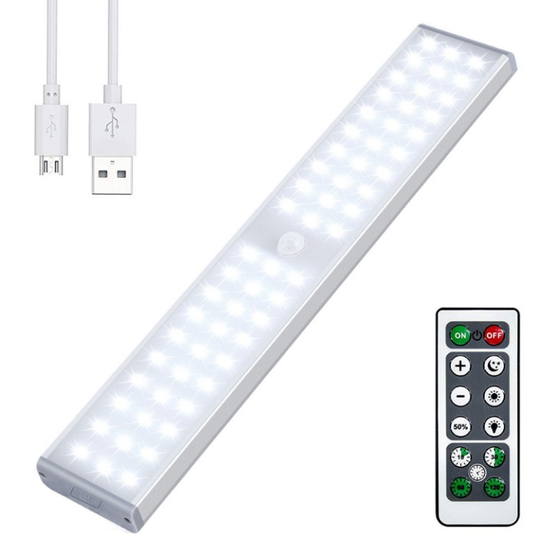 Lampi - Lampa LED inteligenta, cu senzori de miscare, incarcare USB, magnetica, cu telecomanda, pentru dressing, hol, scari, dulap de bucatarie, baie, garaj, 60 LED-uri, alb rece, buz.ro