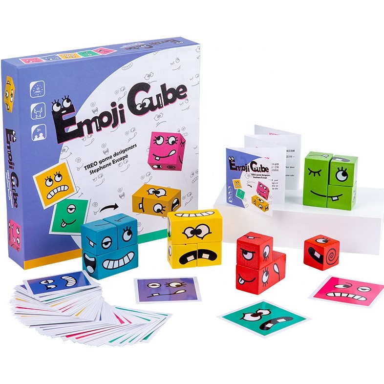 Jucarii interactive - Puzzle interactiv si educativ, cub din lemn, 6in1, blocuri de constructii, carti de joc, pentru copii, cu 6 laturi, expresii emoji, montessori, buz.ro