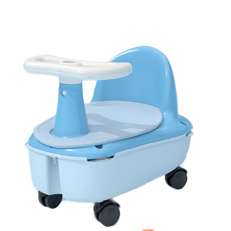 Cadite si accesorii baie - Scaun de baie si tricicleta 2in1 pentru bebe , cu husa antiderapanta, cutie depozitare pe roti, universal, +6 luni, albastru, buz.ro