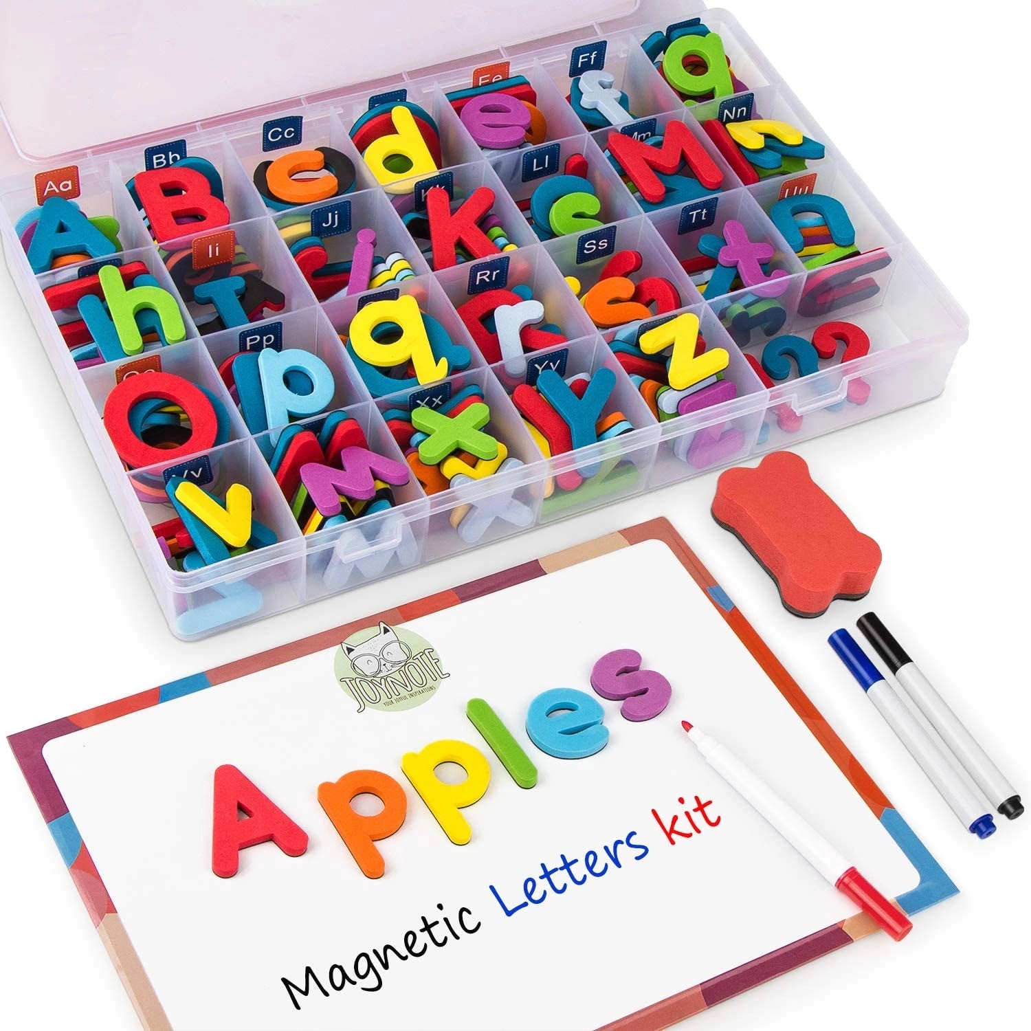 Jucarii 3+ - Set 253 piese cu litere alfabet magnetice, 1 tabla magnetica cu doua fete si cutie de depozitare, jucarii educative pentru copii de 3+ ani, buz.ro