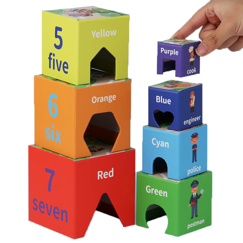 Jucarii 3+ - Set 6 cuburi educative din carton, turn de construit cu forme geometrice, numere si meserii, multicolor, buz, buz.ro