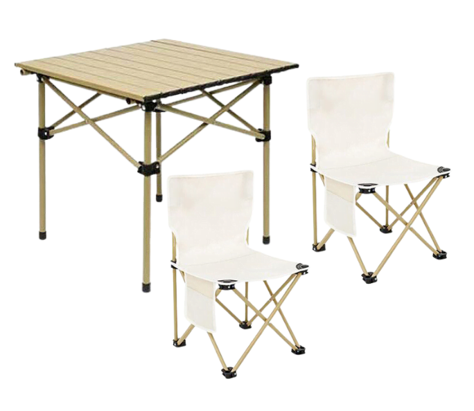 Sezlonguri si scaune - Set camping cu masa si 2 scaune pliabile, cu geanta de transport, aluminiu, aurie, 53x51x50 cm, buz.ro