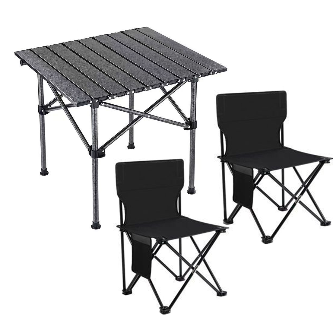 Sezlonguri si scaune - Set camping cu masa si 2 scaune pliabile, cu geanta de transport, aluminiu, negru, 53x51x50 cm, buz.ro