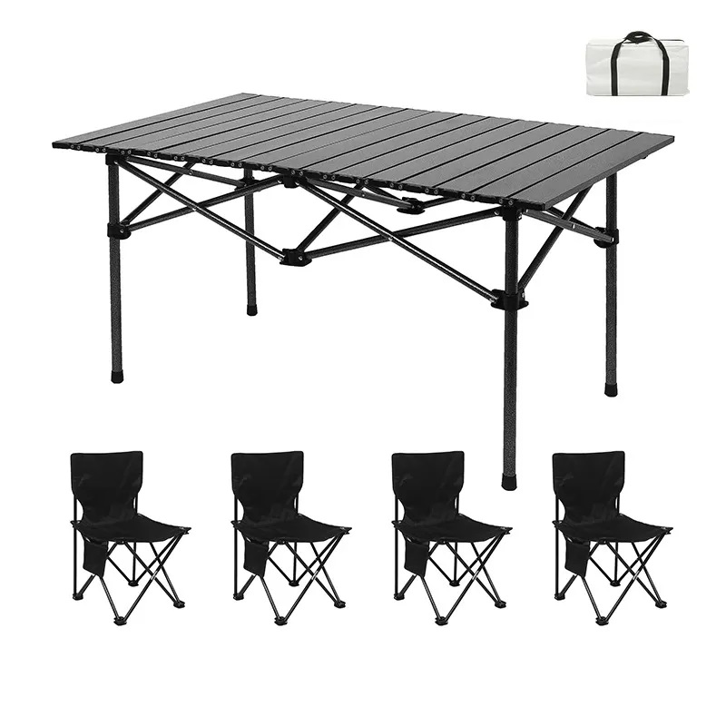 Sezlonguri si scaune - Set camping cu masa si 4 scaune pliabile, cu geanta de transport, aluminiu, negru, 95x52x50 cm, buz.ro