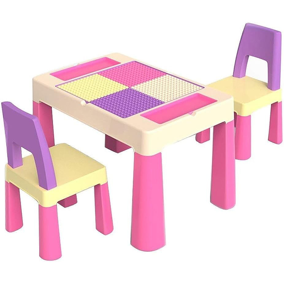 Jucarii 3+ - Set masa lego si 2 scaune, cu spatiu de depozitare pentru diferite activitati, picioare antiderapante, roz, buz, buz.ro
